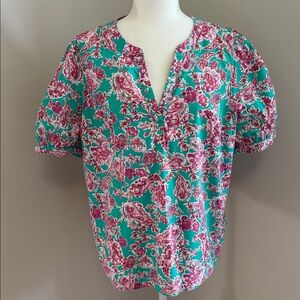J. Crew Teal and Pink Floral Top